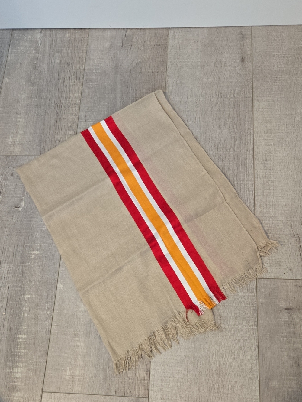 Calvin Klein Beige Scarf with Red and Orange Stripe